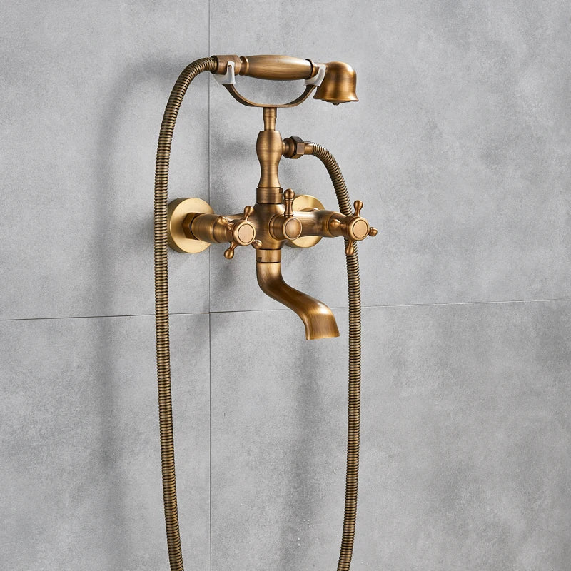 Antique Brass Bathtub Shower Faucet Set Bathroom Dual Handle Wall Mounted Bath Tub Mixer Tap with Handshower and Swivel Spout
