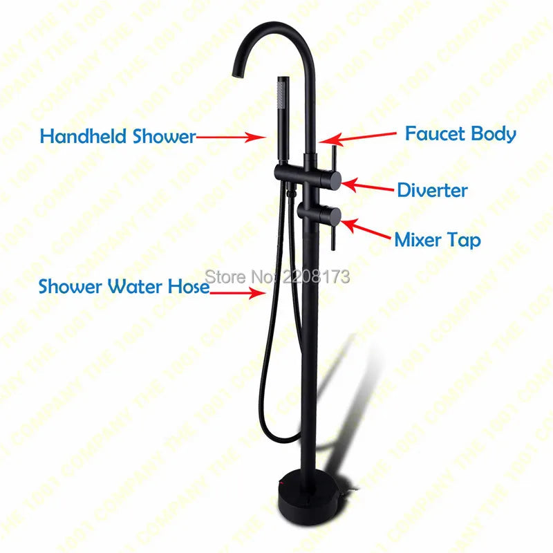 Matte Black Freestanding Bathtub Faucet 2 Ways Spout & Hand Shower Diverter Floor Mounted Bathtub Mixer Hot & Cold Bathroom Tap