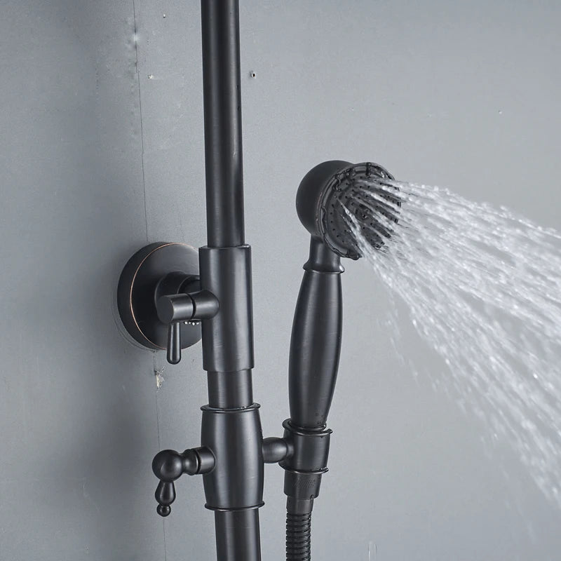 Bathroom Rainfall Shower Mixer Faucet Dual Handle Bath Shower Set Black Brass 8" Showerhead Shower Faucet System with Handshower