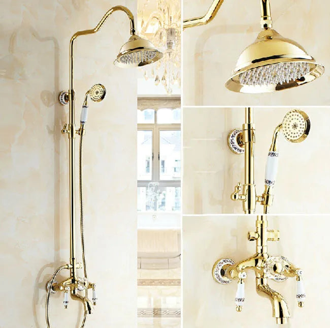 Golden and Ceramic Bathroom 8" Rainfall Shower Tub Set Wall Mounted