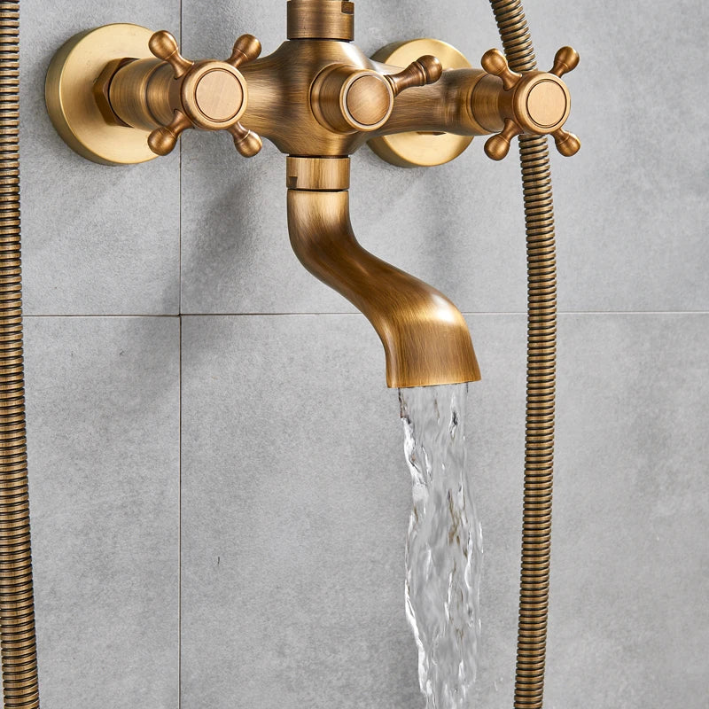 Antique Brass Bathtub Shower Faucet Set Bathroom Dual Handle Wall Mounted Bath Tub Mixer Tap with Handshower and Swivel Spout
