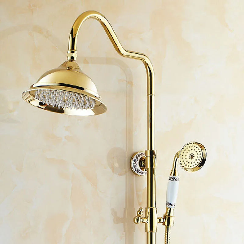 Golden and Ceramic Bathroom 8" Rainfall Shower Tub Set Wall Mounted