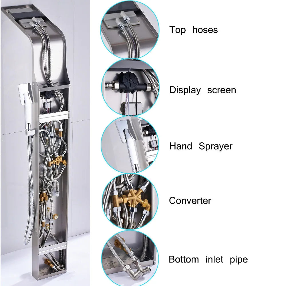 SHBSHAIMY Black/Brushed LED Shower Panel Column 5Ways Rainfall Waterfall With Digital Display Bath Showerhand Full of Technology