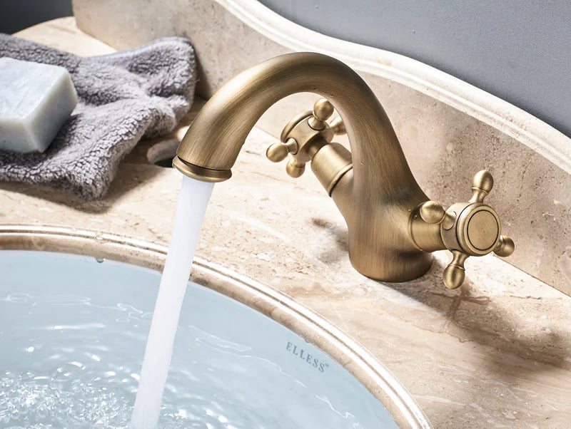 Rozin Dual Handle Basin Vessel Sink Faucet Deck Mounted Antique Brass Bathroom Washing Basin Faucet Hot and Cold Water Mixer Tap