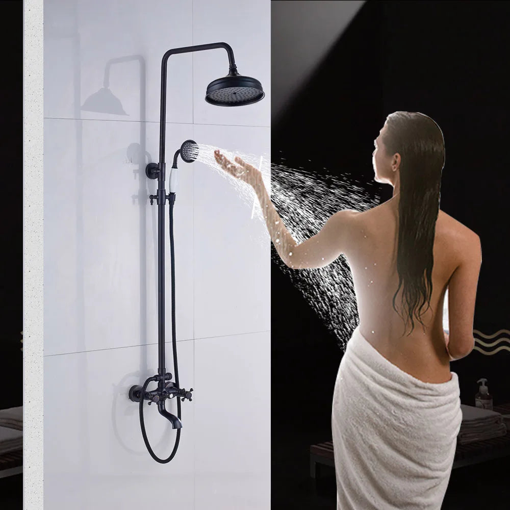 Bathroom Rainfall Shower Mixer Faucet Dual Handle Bath Shower Set Black Brass 8" Showerhead Shower Faucet System with Handshower