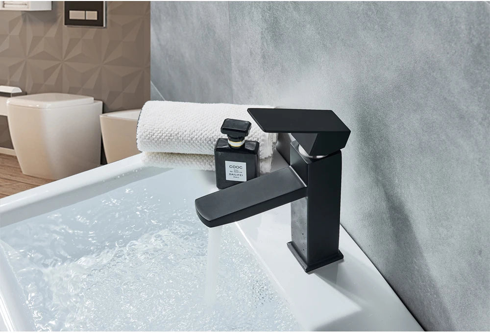 Black Deck Mounted Bathroom Basin Mixer Tap Square Single Handle Basin Vessel Sink Faucet Hot Cold Water Faucet for Basin