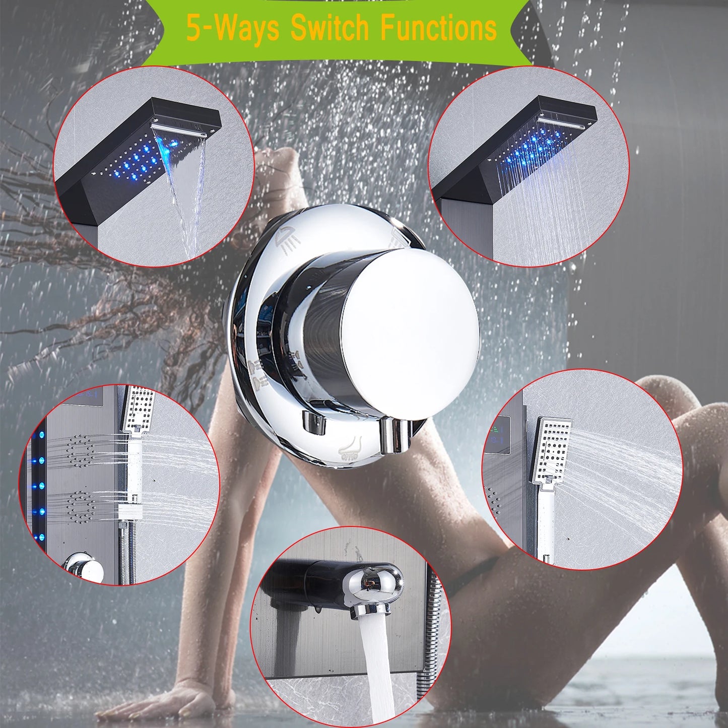SHBSHAIMY Black/Brushed LED Shower Panel Column 5Ways Rainfall Waterfall With Digital Display Bath Showerhand Full of Technology
