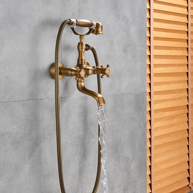 Antique Brass Bathtub Shower Faucet Set Bathroom Dual Handle Wall Mounted Bath Tub Mixer Tap with Handshower and Swivel Spout