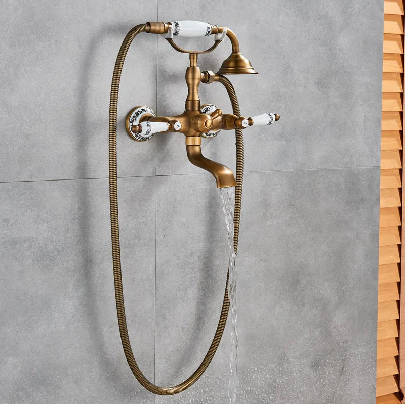 Antique Brass Bathtub Shower Faucet Set Bathroom Dual Handle Wall Mounted Bath Tub Mixer Tap with Handshower and Swivel Spout