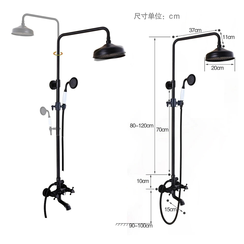 Bathroom Rainfall Shower Mixer Faucet Dual Handle Bath Shower Set Black Brass 8" Showerhead Shower Faucet System with Handshower
