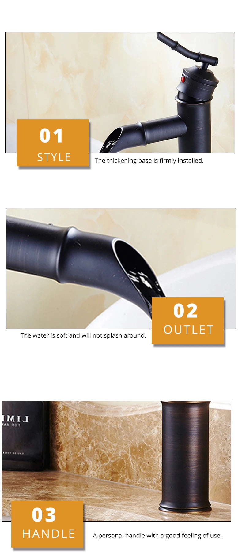 ZGRK Black Waterfall Bathroom Sink Faucet Vessel Tall Bamboo Water Tap Retro Brass Basin Faucets Single Hole Sink Mixer Tap