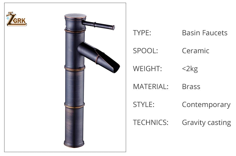 ZGRK Black Waterfall Bathroom Sink Faucet Vessel Tall Bamboo Water Tap Retro Brass Basin Faucets Single Hole Sink Mixer Tap
