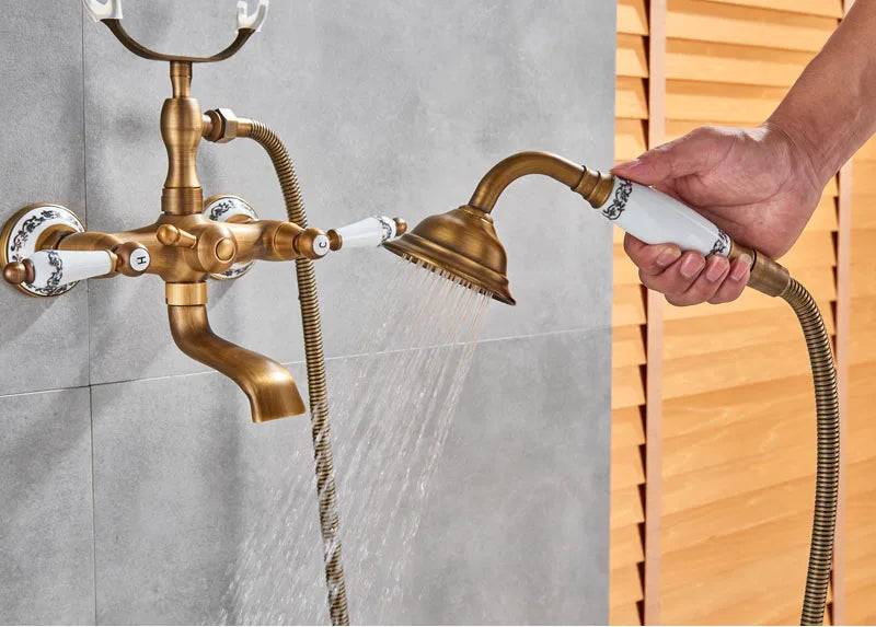 Antique Brass Bathtub Shower Faucet Set Bathroom Dual Handle Wall Mounted Bath Tub Mixer Tap with Handshower and Swivel Spout