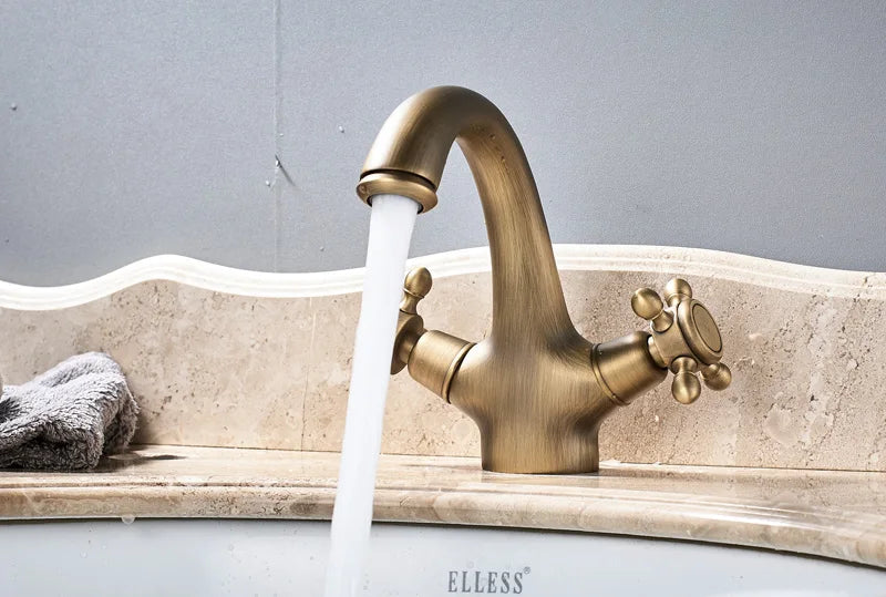 Rozin Dual Handle Basin Vessel Sink Faucet Deck Mounted Antique Brass Bathroom Washing Basin Faucet Hot and Cold Water Mixer Tap