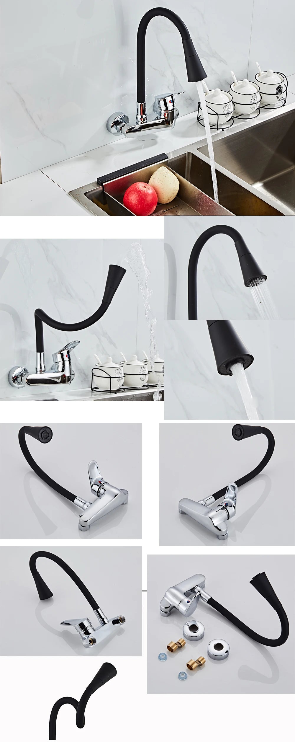 BAKALA RED color Wall Mounted Kitchen Faucet Wall Kitchen Mixers Kitchen Sink Tap 360 Degree Swivel Flexible Hose Double Holes