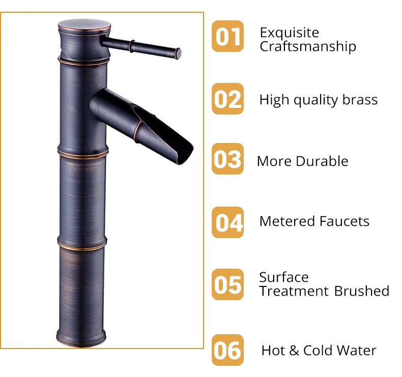 ZGRK Black Waterfall Bathroom Sink Faucet Vessel Tall Bamboo Water Tap Retro Brass Basin Faucets Single Hole Sink Mixer Tap