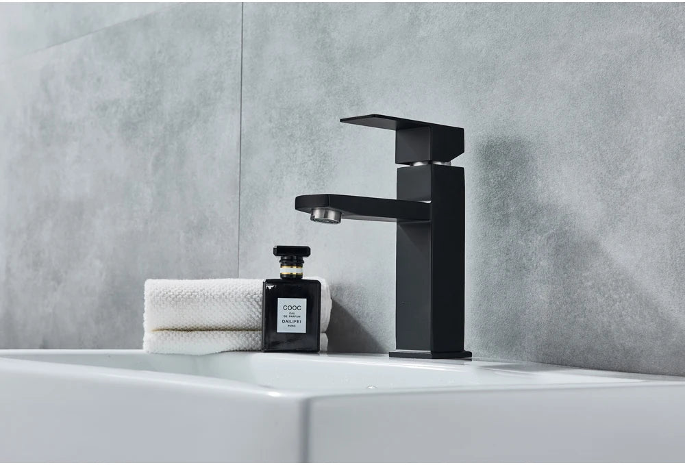 Black Deck Mounted Bathroom Basin Mixer Tap Square Single Handle Basin Vessel Sink Faucet Hot Cold Water Faucet for Basin