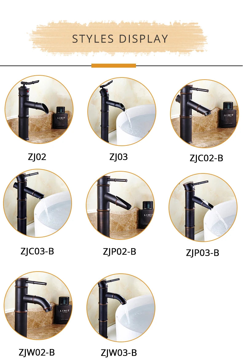 ZGRK Black Waterfall Bathroom Sink Faucet Vessel Tall Bamboo Water Tap Retro Brass Basin Faucets Single Hole Sink Mixer Tap