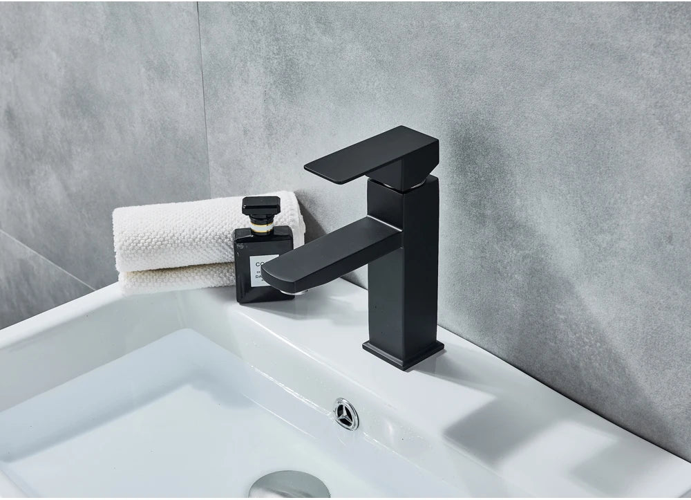 Black Deck Mounted Bathroom Basin Mixer Tap Square Single Handle Basin Vessel Sink Faucet Hot Cold Water Faucet for Basin