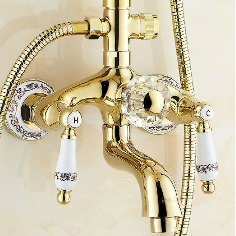Golden and Ceramic Bathroom 8" Rainfall Shower Tub Set Wall Mounted