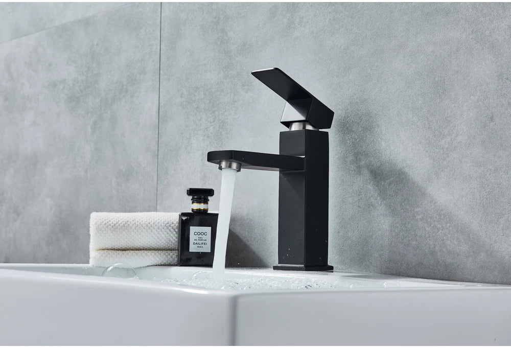 Black Deck Mounted Bathroom Basin Mixer Tap Square Single Handle Basin Vessel Sink Faucet Hot Cold Water Faucet for Basin
