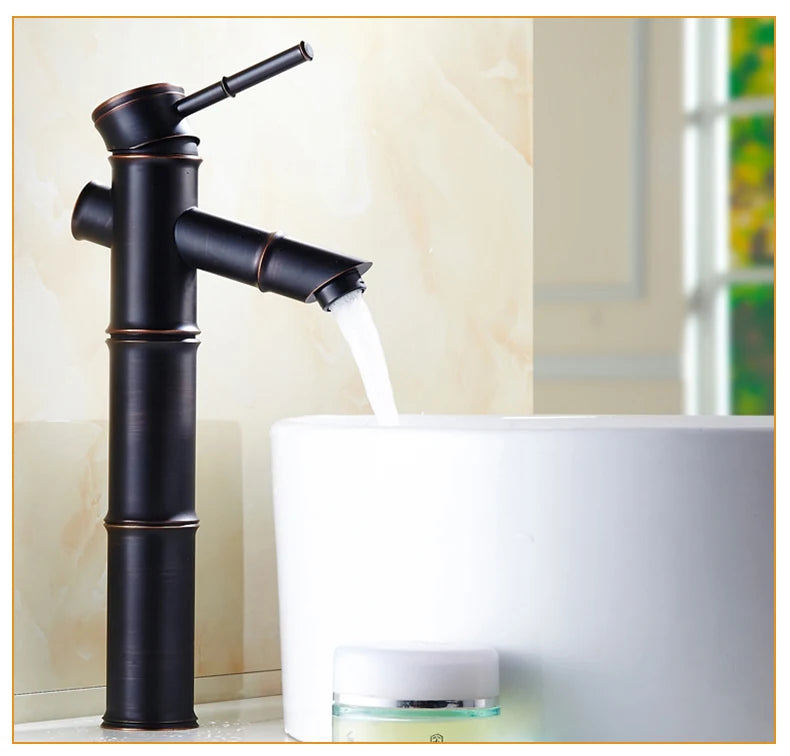 ZGRK Black Waterfall Bathroom Sink Faucet Vessel Tall Bamboo Water Tap Retro Brass Basin Faucets Single Hole Sink Mixer Tap