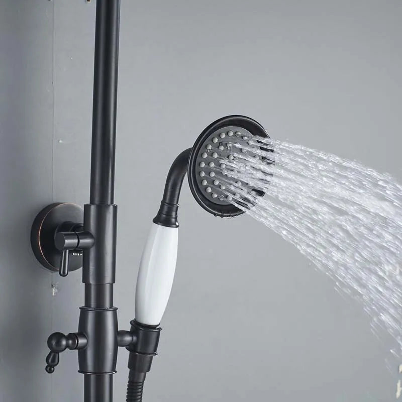 Bathroom Rainfall Shower Mixer Faucet Dual Handle Bath Shower Set Black Brass 8" Showerhead Shower Faucet System with Handshower