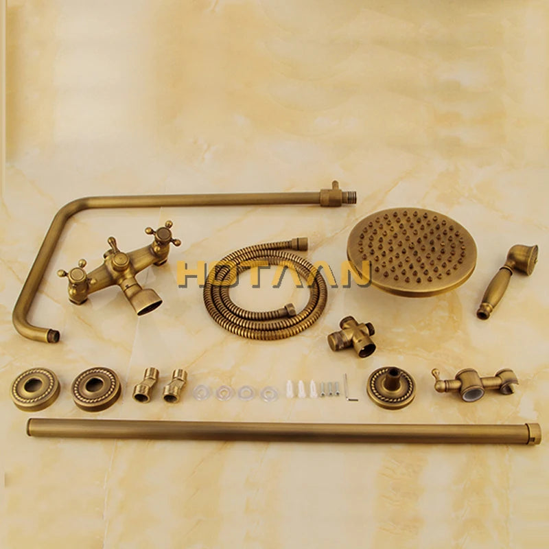 Antique Brass Wall Mounted Mixer Valve Rainfall Shower Faucet Complete Sets + 8" Brass Shower Head + Hand Shower + Hose YT-5317A