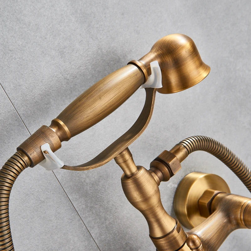 Antique Brass Bathtub Shower Faucet Set Bathroom Dual Handle Wall Mounted Bath Tub Mixer Tap with Handshower and Swivel Spout