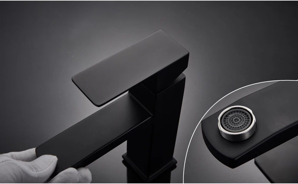 Black Deck Mounted Bathroom Basin Mixer Tap Square Single Handle Basin Vessel Sink Faucet Hot Cold Water Faucet for Basin