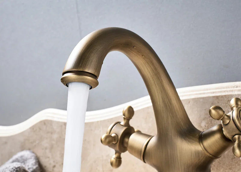 Rozin Dual Handle Basin Vessel Sink Faucet Deck Mounted Antique Brass Bathroom Washing Basin Faucet Hot and Cold Water Mixer Tap