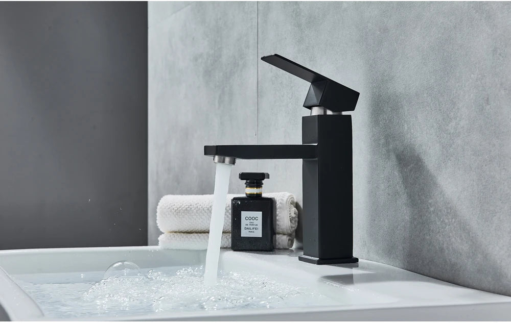 Black Deck Mounted Bathroom Basin Mixer Tap Square Single Handle Basin Vessel Sink Faucet Hot Cold Water Faucet for Basin