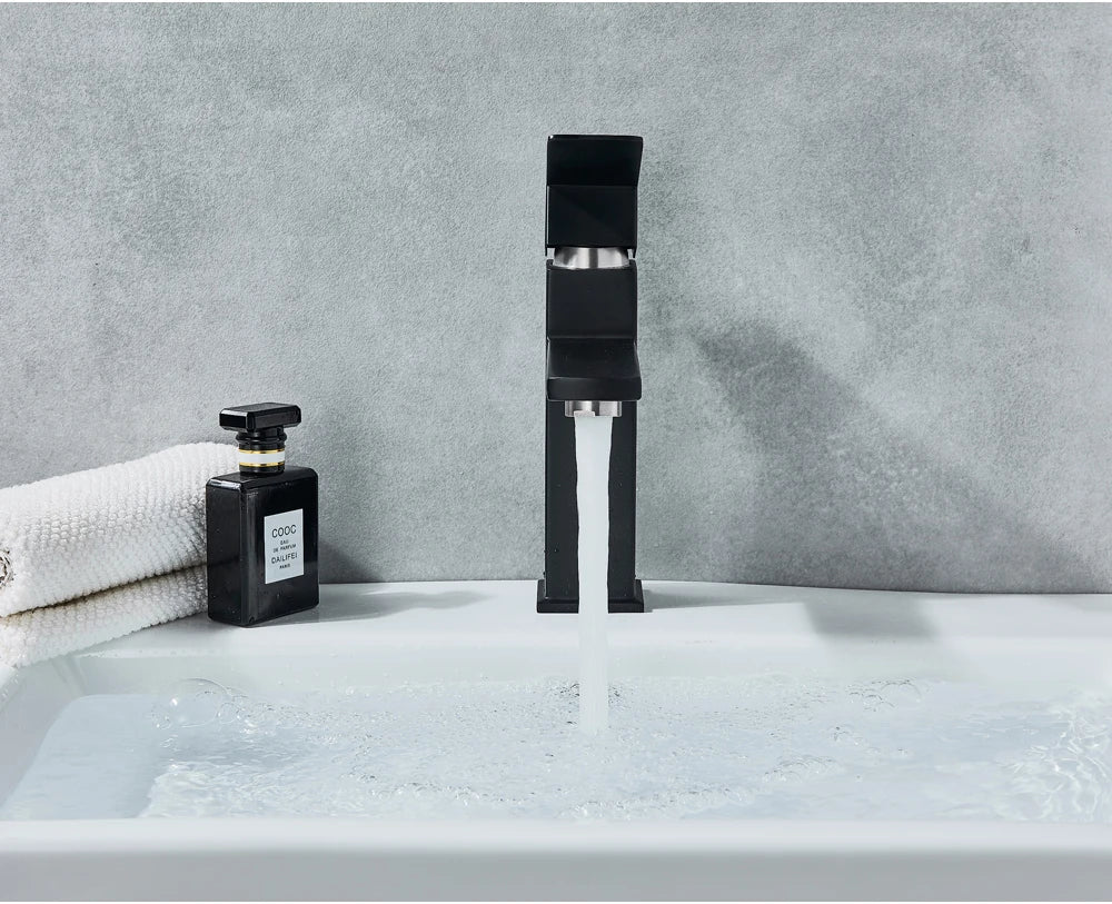 Black Deck Mounted Bathroom Basin Mixer Tap Square Single Handle Basin Vessel Sink Faucet Hot Cold Water Faucet for Basin