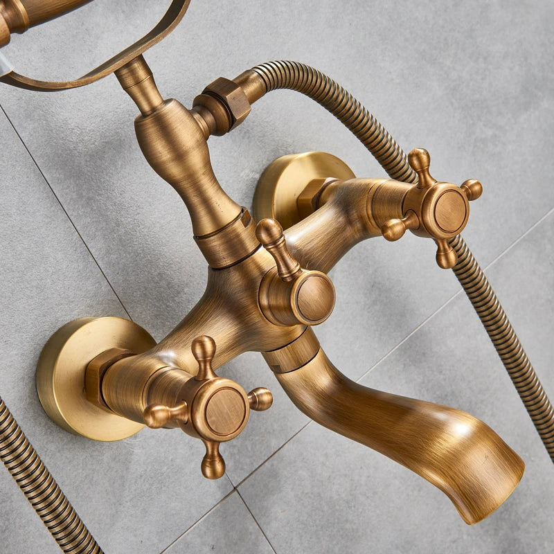 Antique Brass Bathtub Shower Faucet Set Bathroom Dual Handle Wall Mounted Bath Tub Mixer Tap with Handshower and Swivel Spout