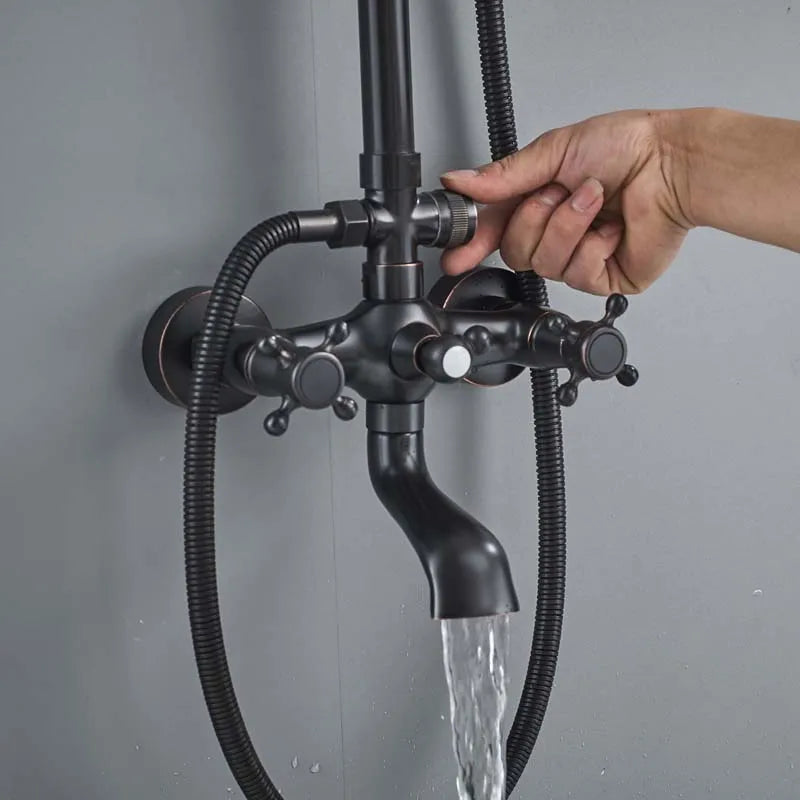 Bathroom Rainfall Shower Mixer Faucet Dual Handle Bath Shower Set Black Brass 8" Showerhead Shower Faucet System with Handshower