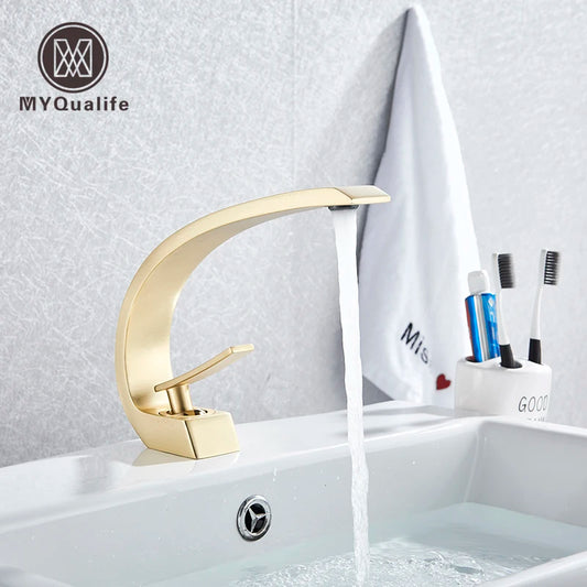 MYQualife Creative Design Brushed Gold Basin Faucet  Washing Basin Mixer Deck Mounted Cold and Hot Bathroom Faucet
