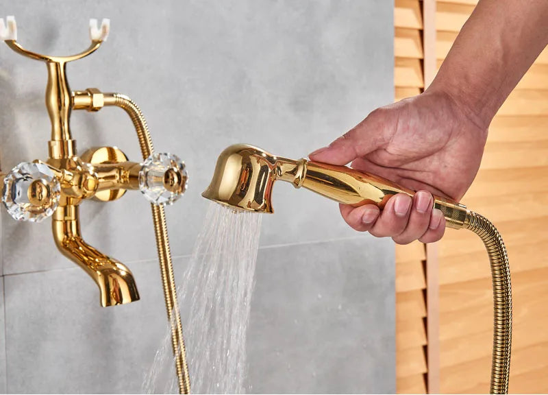 Antique Brass Bathtub Shower Faucet Set Bathroom Dual Handle Wall Mounted Bath Tub Mixer Tap with Handshower and Swivel Spout