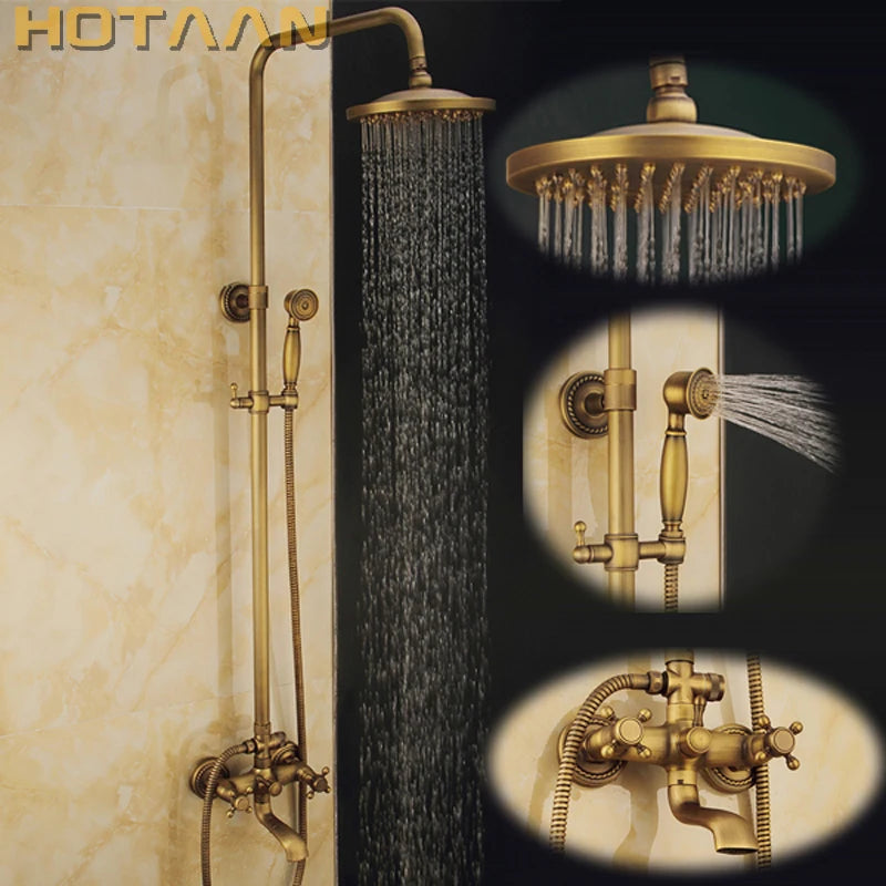 Antique Brass Wall Mounted Mixer Valve Rainfall Shower Faucet Complete Sets + 8" Brass Shower Head + Hand Shower + Hose YT-5317A