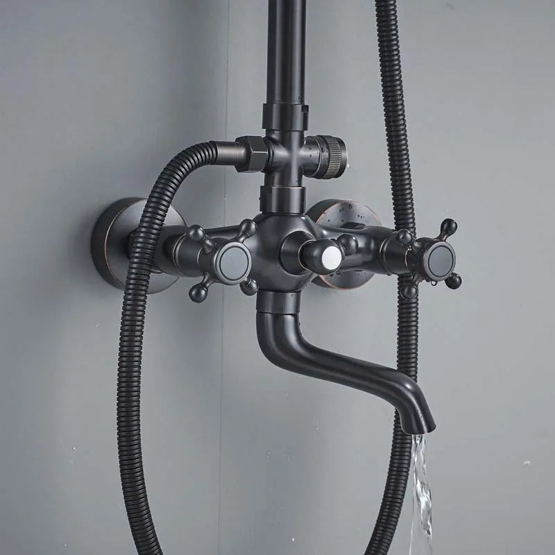 Bathroom Rainfall Shower Mixer Faucet Dual Handle Bath Shower Set Black Brass 8" Showerhead Shower Faucet System with Handshower