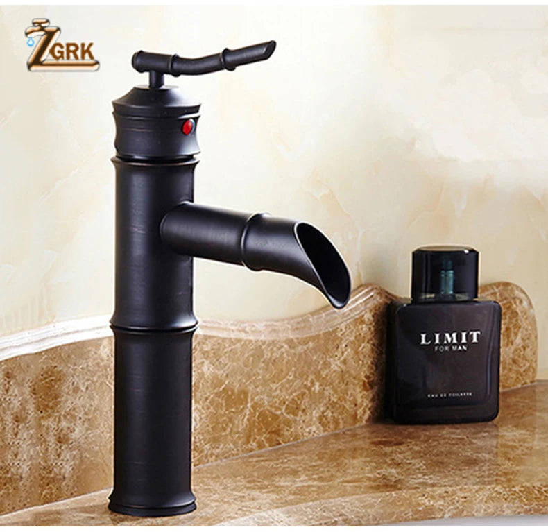 ZGRK Black Waterfall Bathroom Sink Faucet Vessel Tall Bamboo Water Tap Retro Brass Basin Faucets Single Hole Sink Mixer Tap