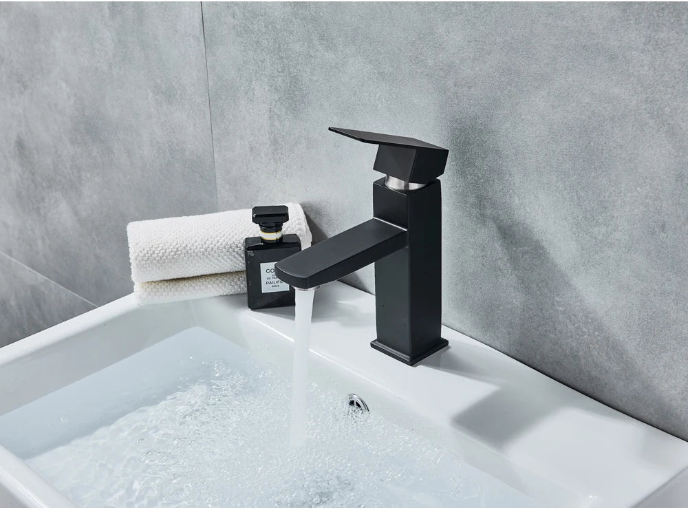 Black Deck Mounted Bathroom Basin Mixer Tap Square Single Handle Basin Vessel Sink Faucet Hot Cold Water Faucet for Basin
