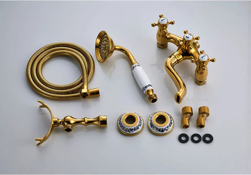 Rozin Retro Style Brass Bathtub Shower Faucet Set Dual Knobs Wall Mounted Bathtub Mixer with Handshower and Swivel Tub Spout Tap