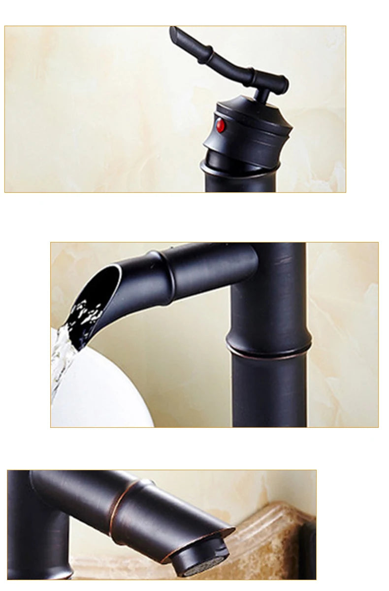 ZGRK Black Waterfall Bathroom Sink Faucet Vessel Tall Bamboo Water Tap Retro Brass Basin Faucets Single Hole Sink Mixer Tap