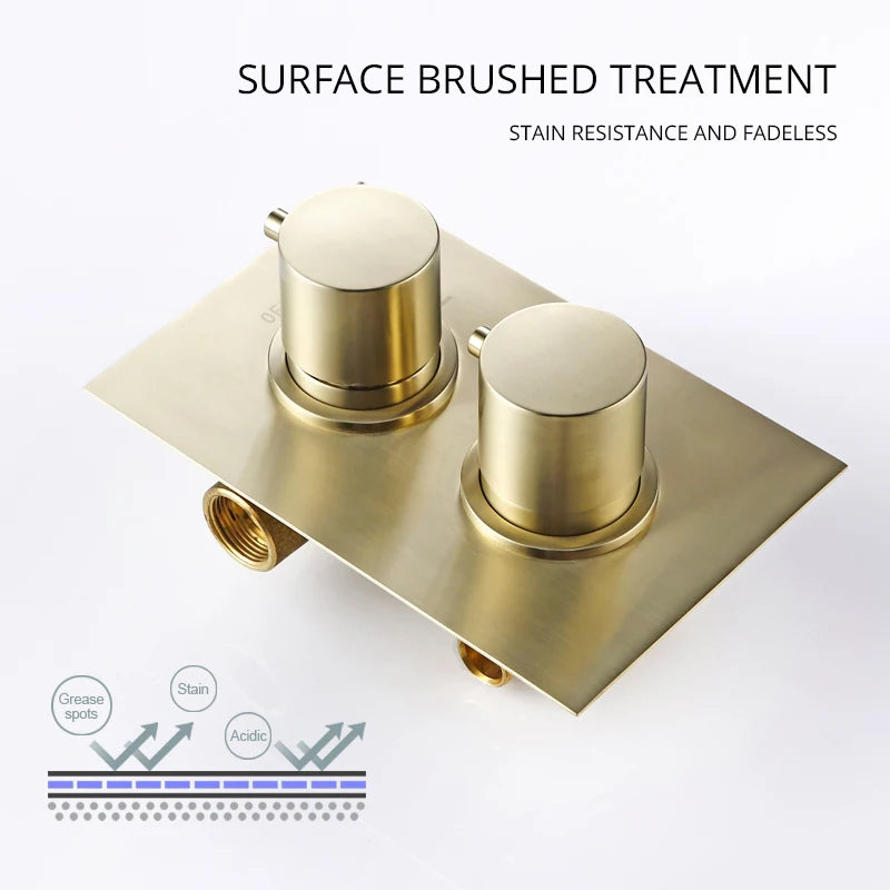 Brushed Gold  Thermostatic Mixer Diverter Set Bath Bathroom Shower Head Rianfall Luxury Combo Faucet Wall Mount Arm