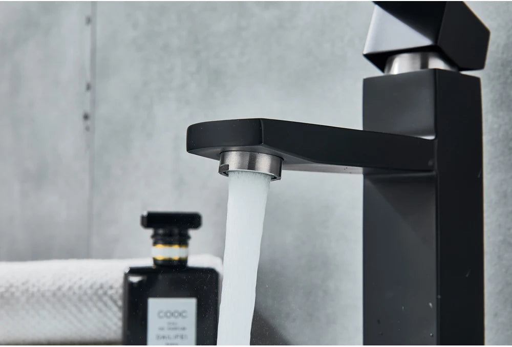 Black Deck Mounted Bathroom Basin Mixer Tap Square Single Handle Basin Vessel Sink Faucet Hot Cold Water Faucet for Basin