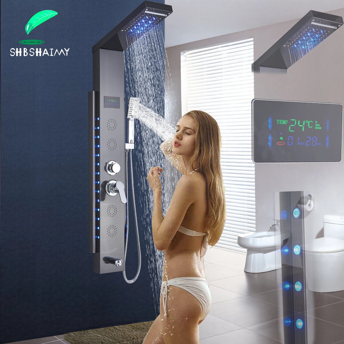 SHBSHAIMY Black/Brushed LED Shower Panel Column 5Ways Rainfall Waterfall With Digital Display Bath Showerhand Full of Technology