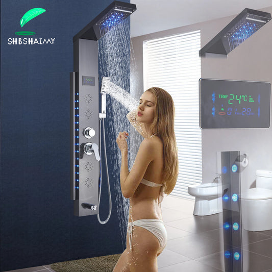 SHBSHAIMY Black/Brushed LED Shower Panel Column 5Ways Rainfall Waterfall With Digital Display Bath Showerhand Full of Technology