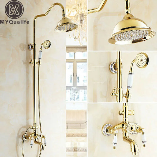 Golden and Ceramic Bathroom 8" Rainfall Shower Tub Set Wall Mounted