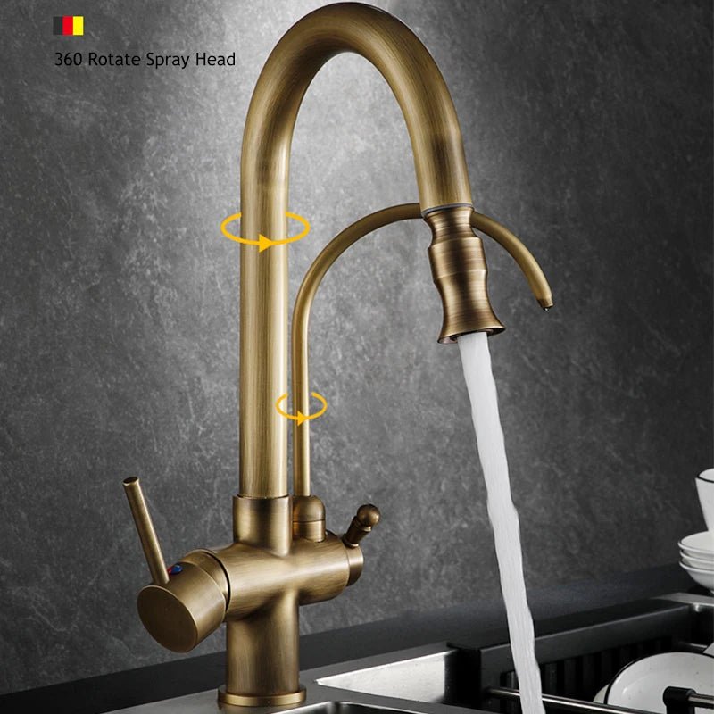 Filtered Pure Water Kitchen Faucet Deck Mount Antique Brass Faucet