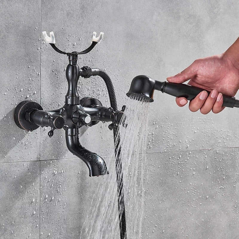ULGKSD Antique Bronze Bathtub Shower Faucet W/ Brass Spray Wall Mount Hot and Cold Water Mixer Tap Para Bath Shower